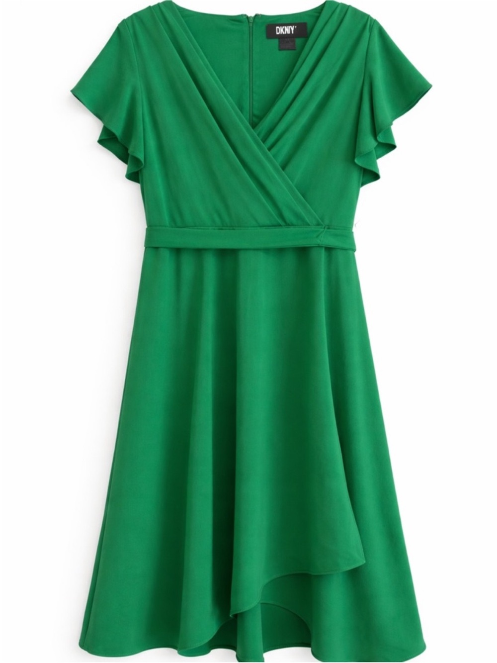 DKNY Kelly Green Faux Wrap Midi Dress Size 4 Flutter Sleeve Asymmetrical Hem